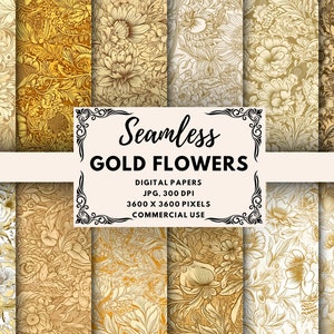 Gold Flowers Digital Paper, Flowers Seamless Pattern, Floral Prints, Flowers Background, Spring Digital Paper,Floral Digital Paper Scrapbook
