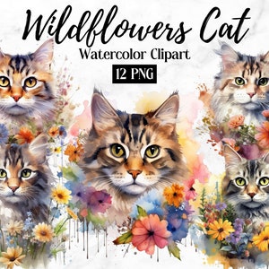 Wildflower Cats Clipart - 12 High Quality PNGs - Digital Planner, Junk Journaling, Watercolor, Wall Art, Commercial Use - Digital Download