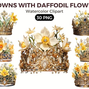 Daffodil Flowers Crowns Clipart, Watercolor floral clipart, bouquets, flowers, nursery, wreath, blossom, for portraits, animals, accessories