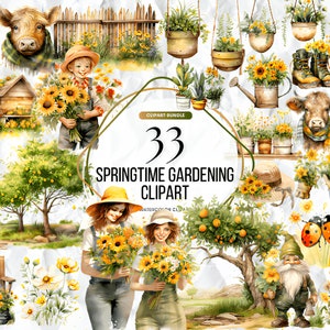 Paquete de imágenes prediseñadas de jardinería primaveral de acuarela, herramientas de jardinería de acuarela PNG para scrapbooking o tarjetas, descarga instantánea de flores de Pascua