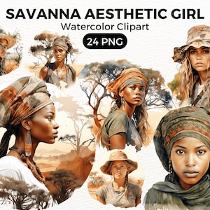 Clipart ragazza savana africana, bella ragazza africana, paesaggi africani creazione di cartoline scrapbook spazzatura diario mestieri di carta, uso commerciale