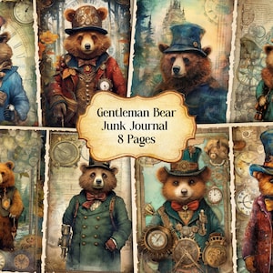 Watercolor Gentleman Bear Junk Journal Printable Page, Bear Junk Journal Kit, Junk Journal Paper Digital Collage Sheet,Instant Download