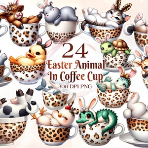 Cute Easter Animals In Coffee Cup PNG BUNDLE sublimation design printable - Complete peeking Animals collection instant digital downloads