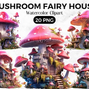 Pink Mushroom Fairy House Watercolor Fantasy Clipart,Kids art clipart, Fantasy clipart, Fairytale Bundle Kids book art, Instant Download