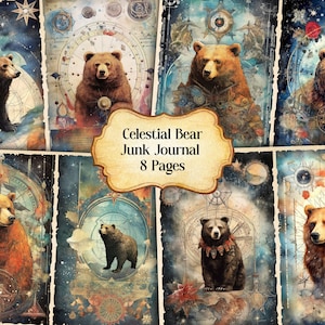 Watercolor Celestial Bear Junk Journal Printable Page, Space Bear Junk Journal Kit,Junk Journal Paper Digital Collage Sheet,Instant Download