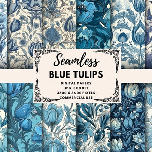 Blue Tulips Seamless Flowers Digital Paper, Flowers Seamless Pattern, Flowers Background, Roses Flower Digital Paper,Floral Digital Paper