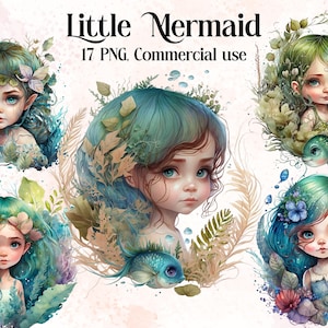 Watercolor Fantasy Little Mermaid Clipart, Mermaid Clip Art, Royal Mermaids, Magical Mermaid png, paper craft, scrapbooking, junk journal