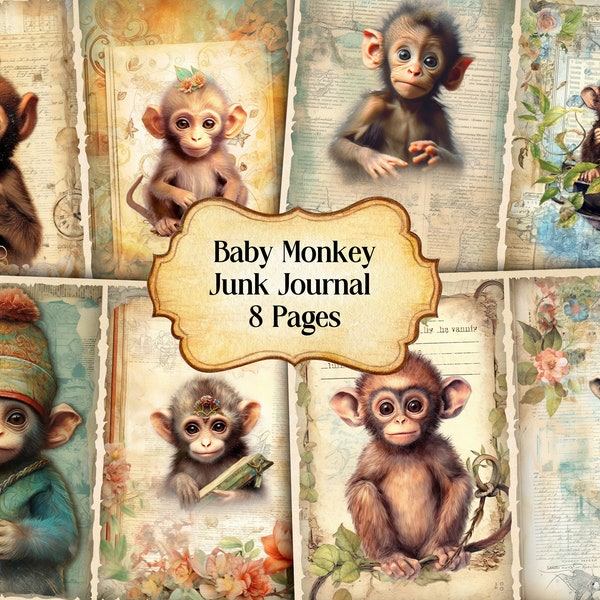 Watercolor Baby Monkey Junk Journal Printable Page, Cute Monkey Junk Journal Kit,Junk Journal Paper Digital Collage Sheet, Instant Download