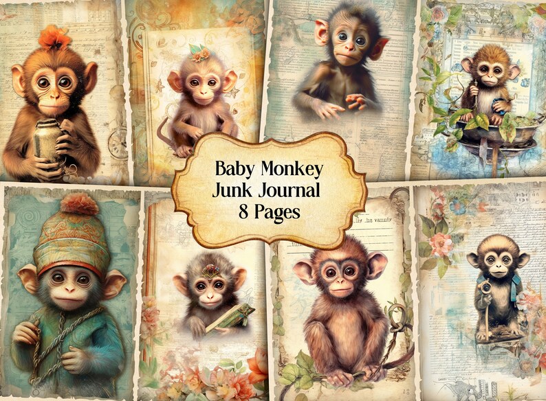 Watercolor Baby Monkey Junk Journal Printable Page, Cute Monkey Junk ...