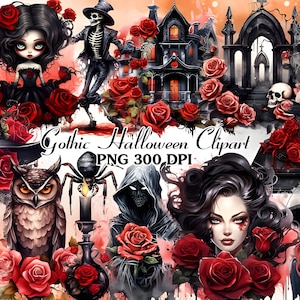 Watercolor Gothic Halloween Clipart | Retro Gothic Halloween PNG Clipart vintage PNG format instant download for commercial use