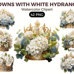 Royal Crowns With Hydrangea Flowers Clipart, Watercolor floral clipart, bouquets, flowers, nursery, wreath, blossom, portraits clipart