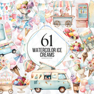 水彩アイスクリーム クリップアート、コーンとサンデー、アイスクリーム トラック クリップアート PNG グラフィックス、商用利用のための即時ダウンロード