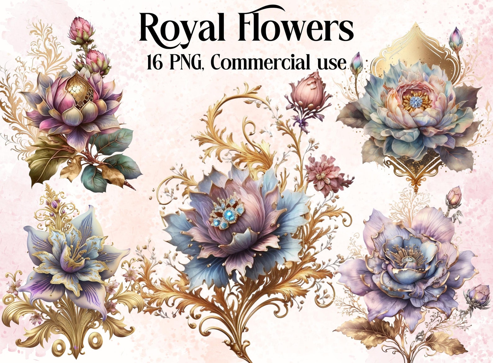Watercolor Royal Flowers PNG Clipart, Fantasy Floral Clip Art, Magical ...