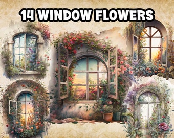Flower Window Watercolor Clipart, Window clipart, Summer flowers clipart, Floral Window Bundle PNG, Fantasy Window, Instant Download
