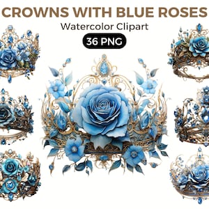 Royal Crowns With Blue Roses Clipart, Watercolor floral clipart, bouquets, flowers, nursery, wreath, blossom, for portraits, accessories