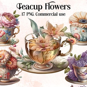 Watercolour Vintage Teacup Flowers Clipart - Tea Time PNG Digital Image Downloads for Card Making, Scrapbook, Junk Journal, Paper Crafts