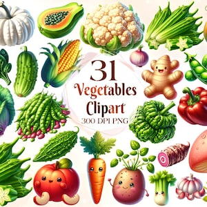 Aquarelle Légumes Clipart | Illustrations d'oignon, de tomate, de carotte, de maïs, d'avocat, d'ail et d'aubergine | Téléchargement instantané pour une utilisation commerciale