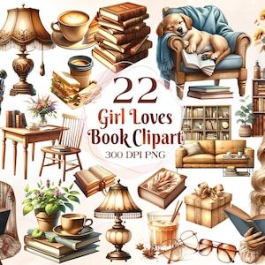 Girl Loves Books Clipart Bundle, clipart aquarelle, clipart jolie fille, tasse à café, fauteuil png, clipart livres, amoureux des livres, graphisme cosy