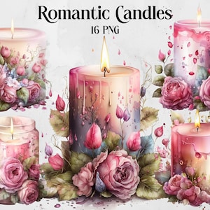 Romantische Kerzen Clipart, Rosa Rosen Kerze Clipart, Kerze Sublimation, Aquarell Kerze Bundle, Kerze Digitale Bilder, kommerzielle Nutzung