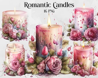 Romantic Candles Clipart, Pink Roses Candle Clipart, Candle sublimation, Watercolor Candle Bundle, Candle Digital Images, Commercial Use