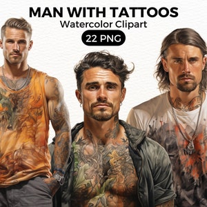 Hombre con tatuajes acuarela PNG ClipArt, hombre guapo ilustración PNG Scrapbooking Crafting Bundle tarjeta de papel digital haciendo uso comercial