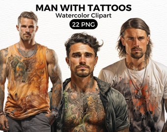 Man with Tattoos Watercolor PNG ClipArt, Handsome Man Illustration PNG Scrapbooking Crafting Bundle Digital Paper Card Making Commercial Use