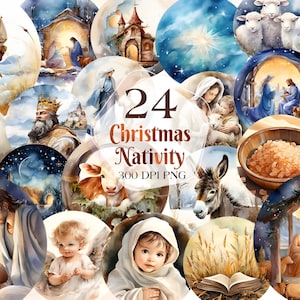 Nativity Scene Clipart Watercolor Bundle, Transparent PNG, Christmas Jesus clipart,Digital Download, Card Making Scrapbooking,Commercial Use