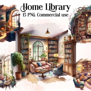 Watercolour Cozy Home Library Clipart Bundle, Bookshelf, Bookcase ...