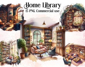 Watercolour Cozy Home Library clipart bundle, bookshelf, bookcase, aesthetic, png, clipart bundle, library, interiour