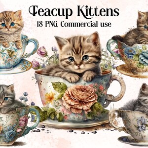 Watercolour Vintage Teacup Kittens Clipart - Kawaii Cat PNG Digital Image Downloads for Card Making, Scrapbook, Junk Journal, Paper Crafts