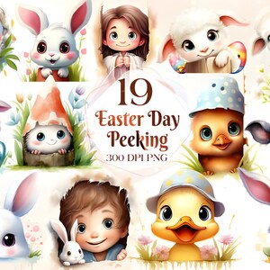 Watercolor Spring Easter Peeking Baby Animals Clipart - animals with floral bouquets in PNG format instant download for commercial use
