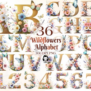 Aquarela de alfabeto de flores silvestres png, clipart de 36 letras florais, impressão digital de alfabeto delicado, conjunto de ilustrações, álbum de recortes, lixo eletrônico