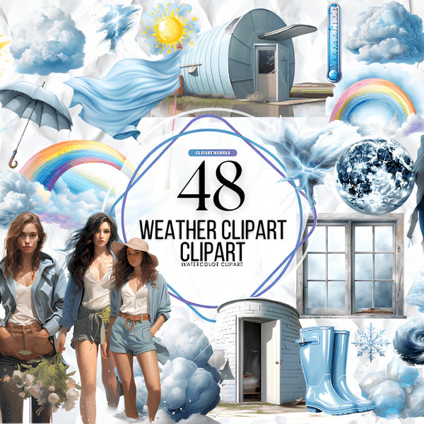 Watercolor Weather Girl Clipart - Clouds Download - Instant Download - Rainbow - Storm - Tornado - Thermometer - Lightning - and more!