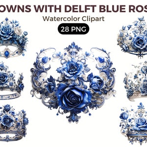 Royal Crowns Delft Blue Roses Clipart, Watercolor floral clipart, bouquets, flowers, nursery, wreath, blossom, for portraits, accessories