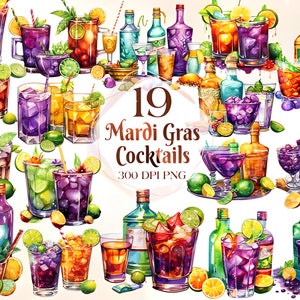 Watercolor Mardi Gras Cocktails Clipart PNG Bundle King Cake Clipart Masquerade Clip Art Fleur de lis Graphics Happy Mardi Gras Png Carnival