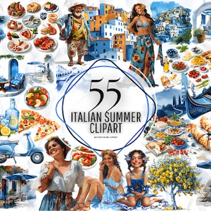 Italian Summer Clipart - Artful Travel Art Prints, Italian Aesthetics, Traveler Clipart Scrapbooking Summer Clipart Pizza Pasta