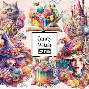 May include: A digital illustration of a whimsical candy witch with a colourful hat and dress, surrounded by candy and sweets. The image includes a book, a jar of candy, and a castle made of candy. The text "Candy Witch 29 PNG" is displayed in the centre of the image.