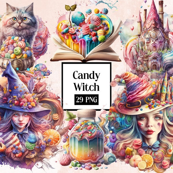 29 Candy Witch Pack Clipart | PNG Fantasy | Full Commercial Use | Fantasy Clipart | Witch Clipart | Watercolor Clipart with Instant Download