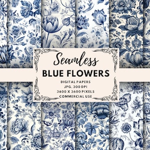 Delft Blue Flowers Digital Paper, Flowers Seamless Pattern, Floral Prints, Flowers Background, Spring Digital Paper,Floral Digital Paper