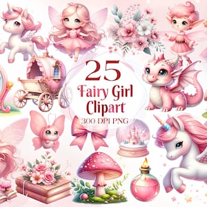 Watercolor Beautiful Cute Pink Fairy Girl Clipart Bundle Gift - fantasy floral PNG format instant download for commercial use