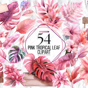Pink Tropical leaf, Watercolor tropical leaves clipart, Monstera leaves clipart, Tropical greens, Summer clipart, instant download, PNG