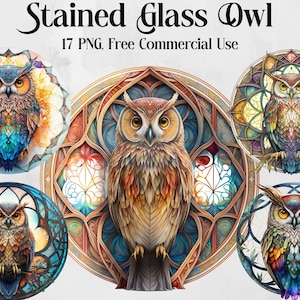 Vidrieras acuarela búho Mandala Clipart. Paquete de imágenes prediseñadas de fantasía y místicas, regalo de imágenes prediseñadas de amantes de los búhos, uso comercial gratuito