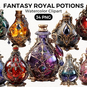 Fantasy Royal Potions ClipArt PNG | Beautiful Witchy Fantasy Clip Art | Watercolour | Instant Download, Printable with Full Commercial Use