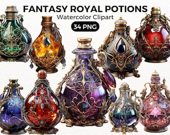 Fantasy Royal Potions ClipArt PNG | Beautiful Witchy Fantasy Clip Art | Watercolour | Instant Download, Printable with Full Commercial Use