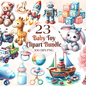 Aquarell Baby Spielzeug Clipart | Holzklötze, Plüschhase, Kinderzimmerdeko, Babyparty Abbildungen | Sofort Download für kommerzielle Nutzung