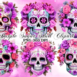 Aquarell Sugar Skull Clipart Tag der Toten Calavera Schädel PNG digitale Bild-Downloads für die Kartenherstellung Scrapbook Junk Journal Crafts