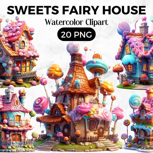 Sweets Fairy House Watercolor Fantasy Clipart, Kids Candy clipart, Fairytale Fantasy clipart, Fairytale Bundle Kids book, Instant Download