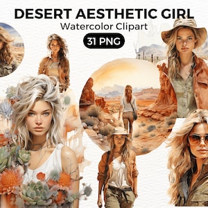 Clipart de menina do deserto, linda menina do deserto, cartão de paisagens do deserto, scrapbook, diário, artesanato em papel, uso comercial