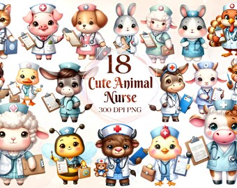 Nurse Animals Clipart, 18 PNG Doctor Baby Animal Clipart, Medicine Cartoon Kids Animals Clipart for Commercial Use Free Sublimation PNG Gift