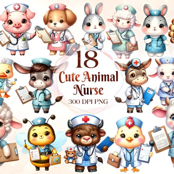 Nurse Animals Clipart, 18 PNG Doctor Baby Animal Clipart, Medicine Cartoon Kids Animals Clipart for Commercial Use Free Sublimation PNG Gift